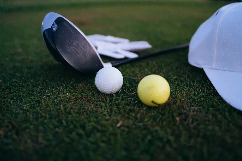Golf balls scattered across green grass with a club visible, representing sports equipment.