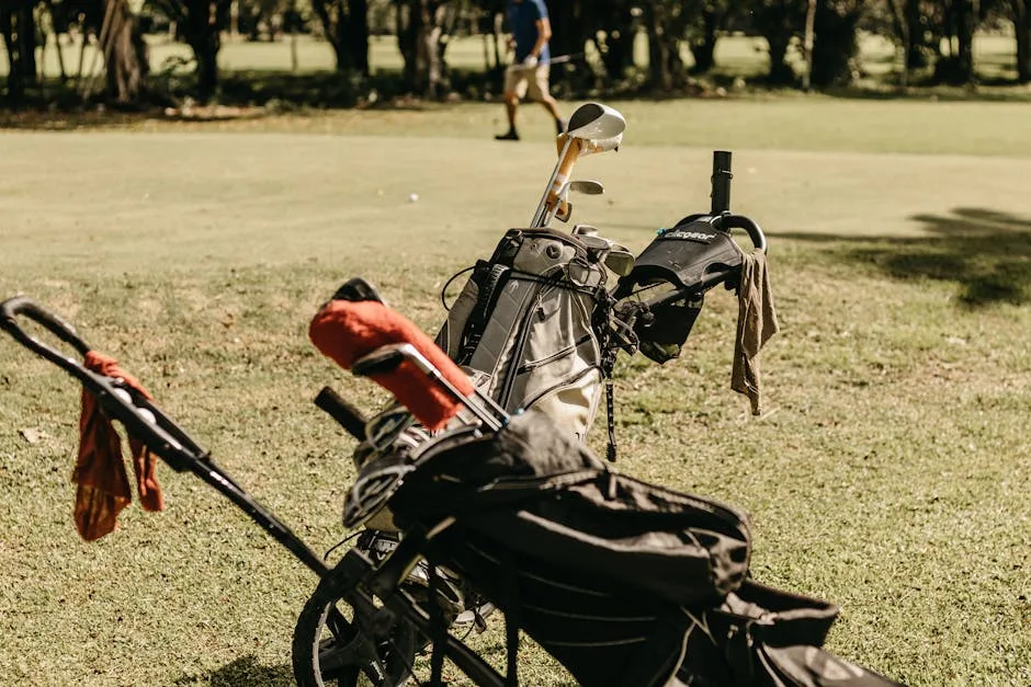 Set of golf clubs in a bag on a course