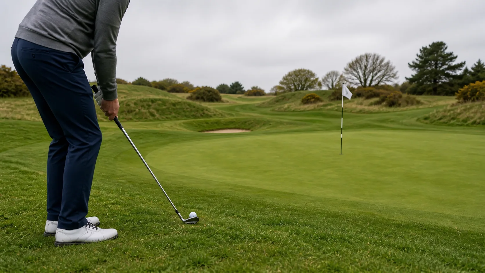 Golfer playing a chip shot near the green