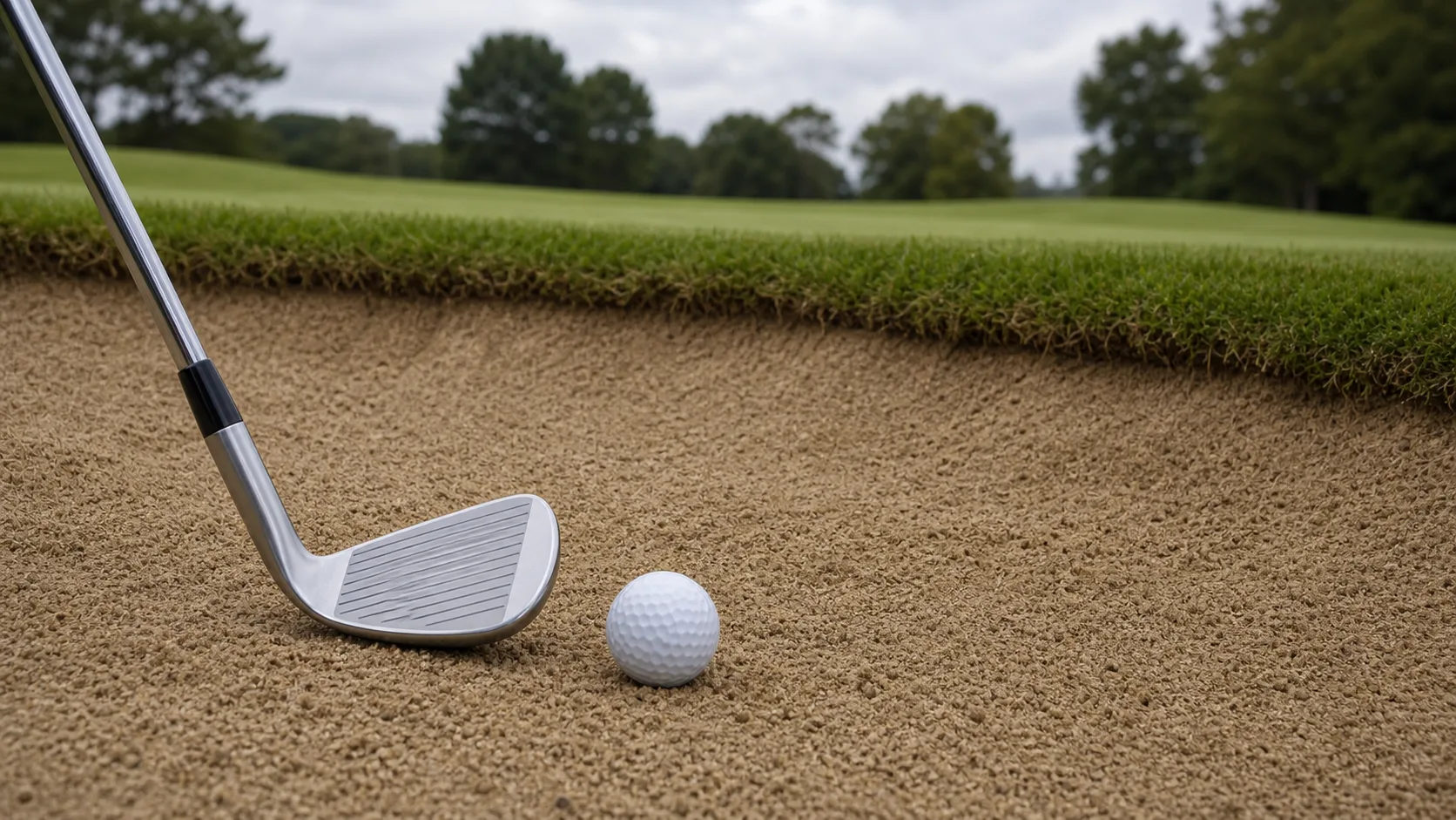 Open wedge face behind a golf ball in a sand bunker