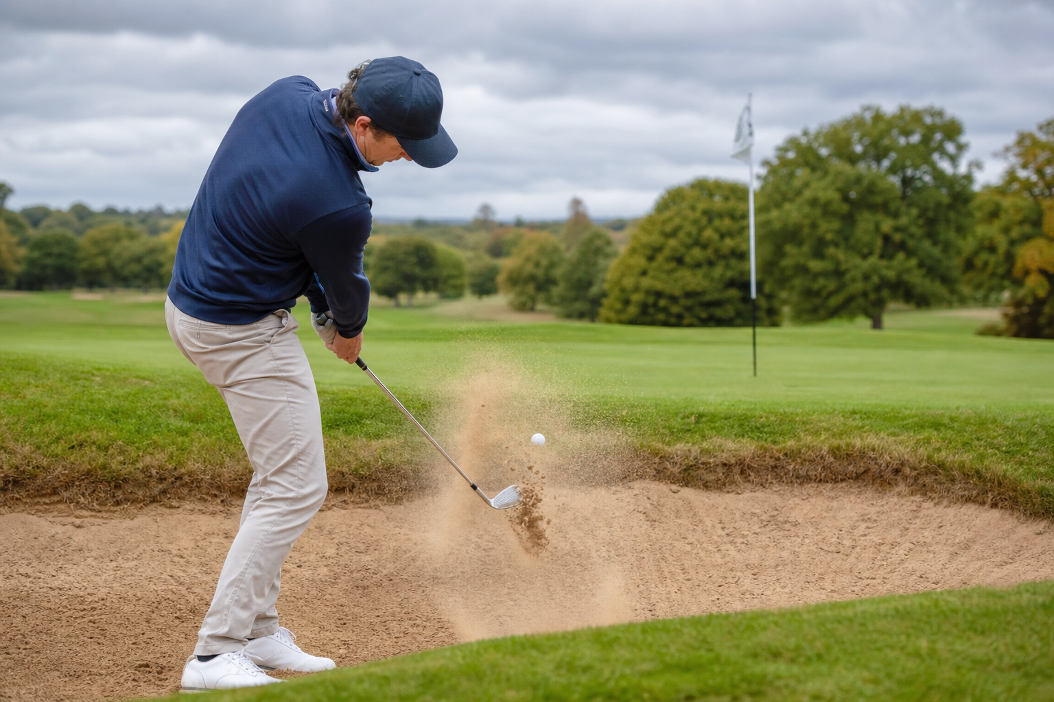 Golf ball leaving sand from a bunker shot towards the green