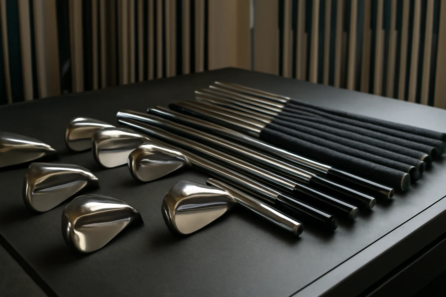 Golf club heads shafts and grips laid out for fitting