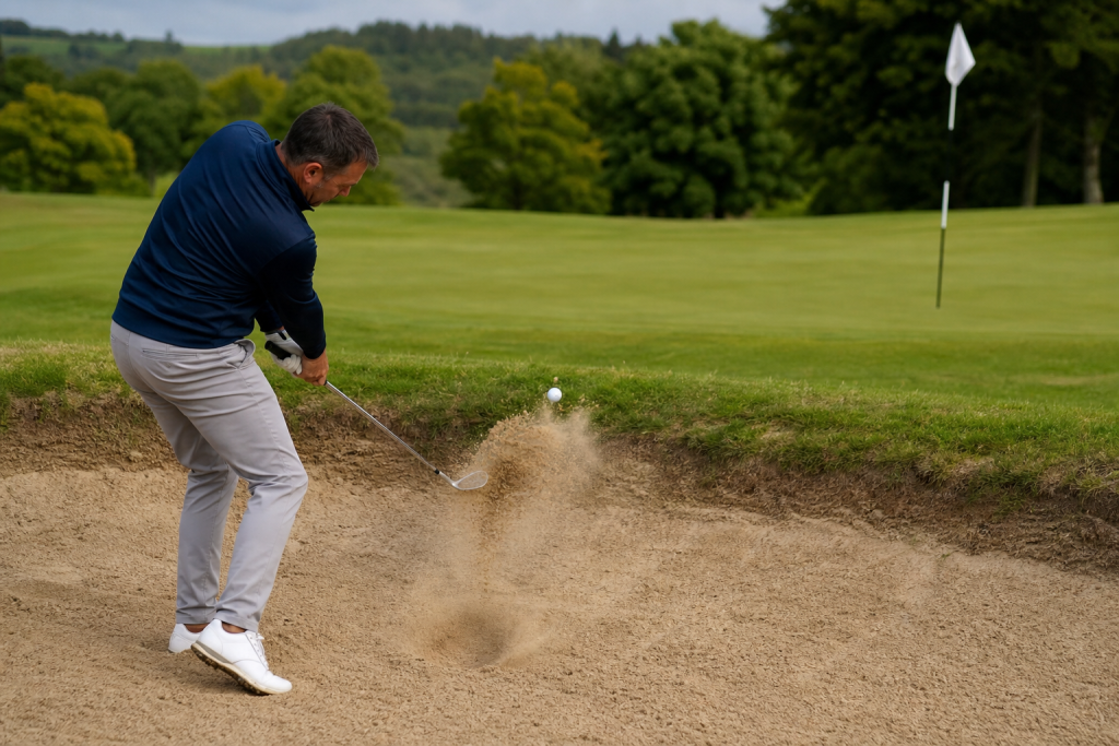 Golfer hitting a bunker shot with sand splash near the green