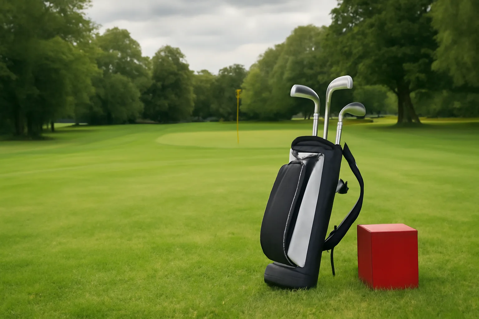 Golf clubs in a bag beside a tee marker for a par 3 round