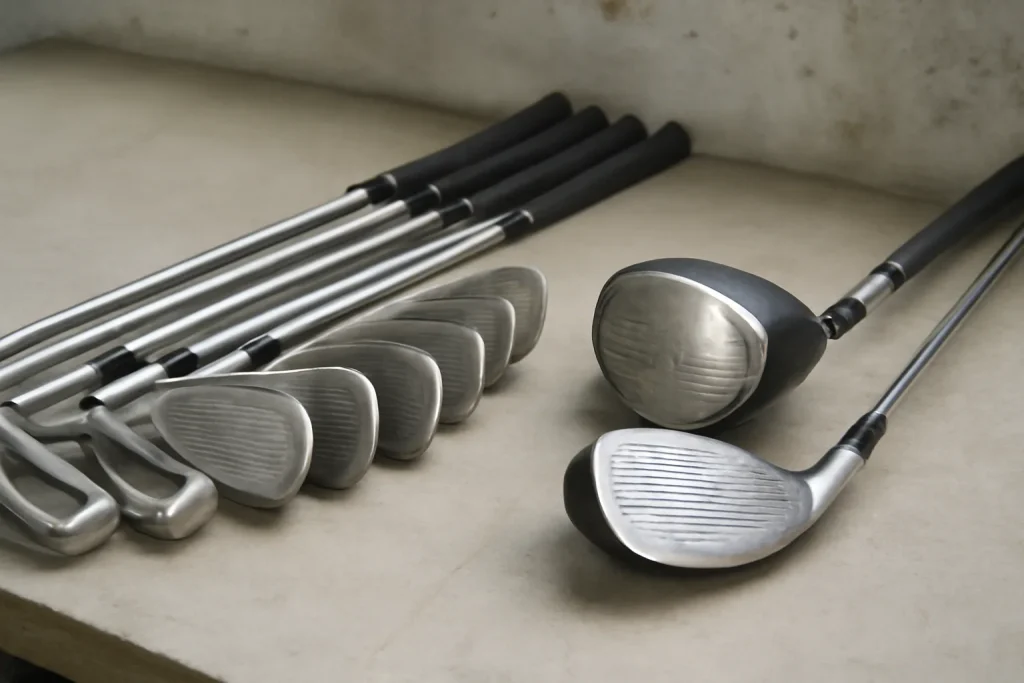 Second-hand golf clubs laid out for inspection