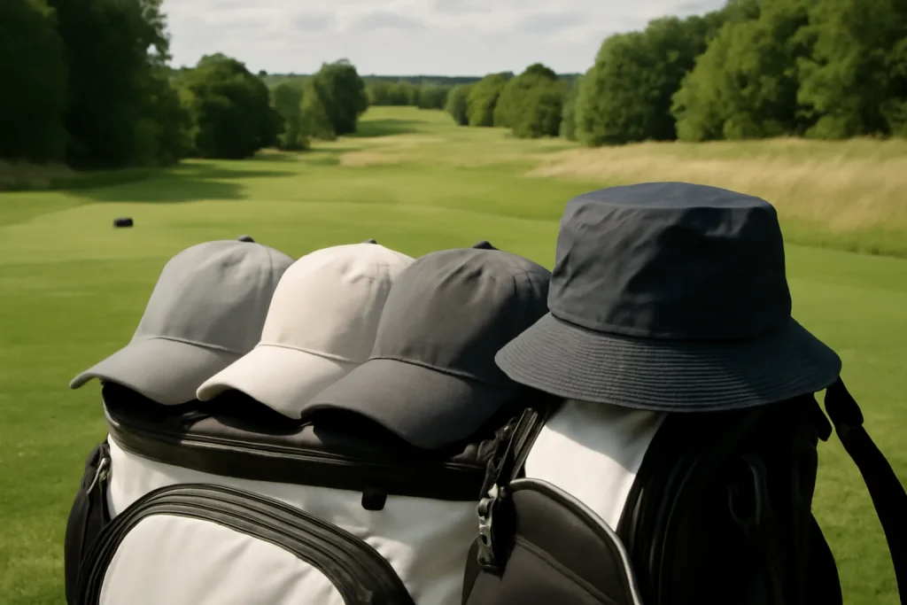 Golf caps and waterproof hat on a UK golf course