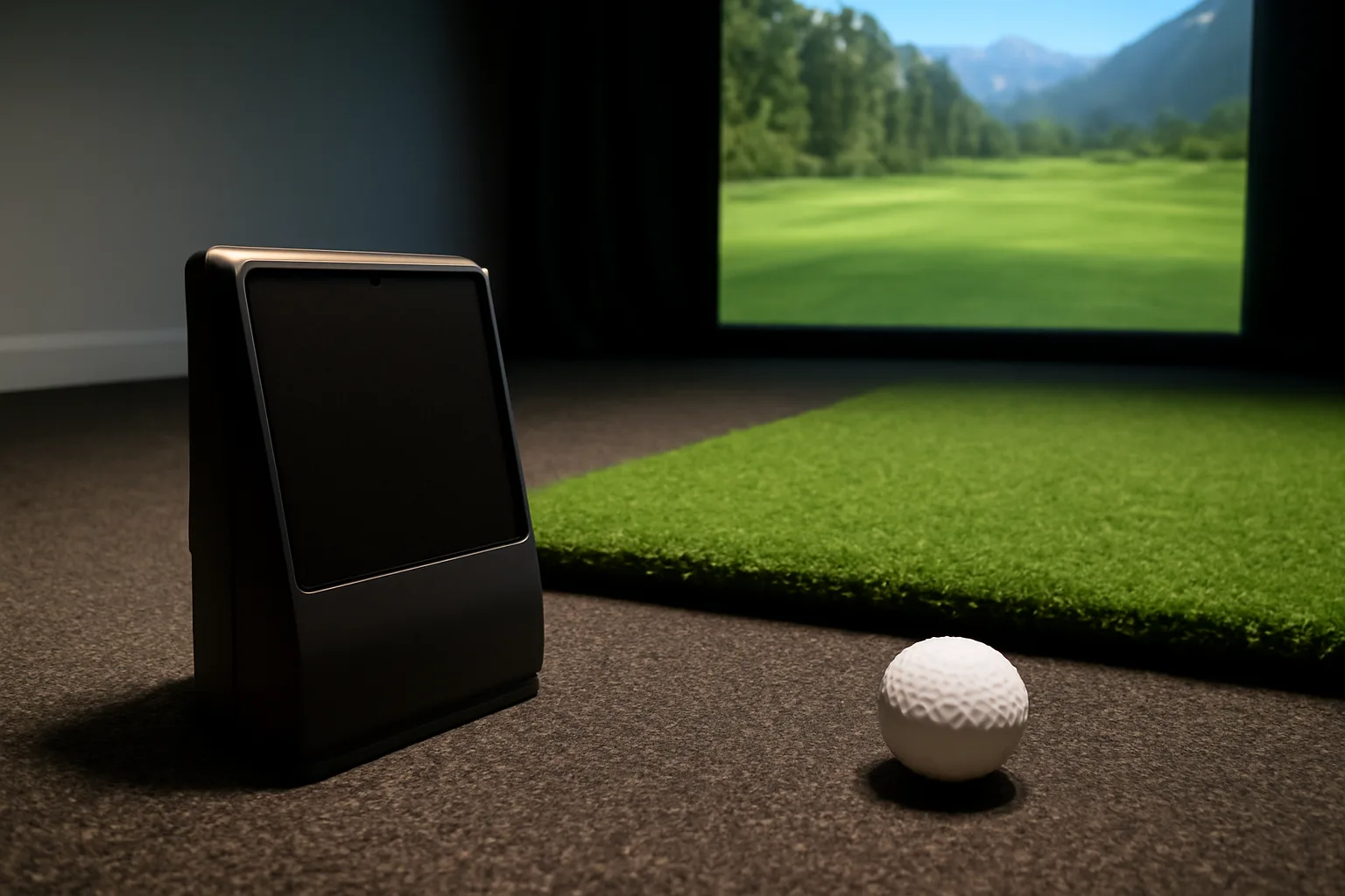Golf launch monitor beside a hitting mat in a home simulator bay
