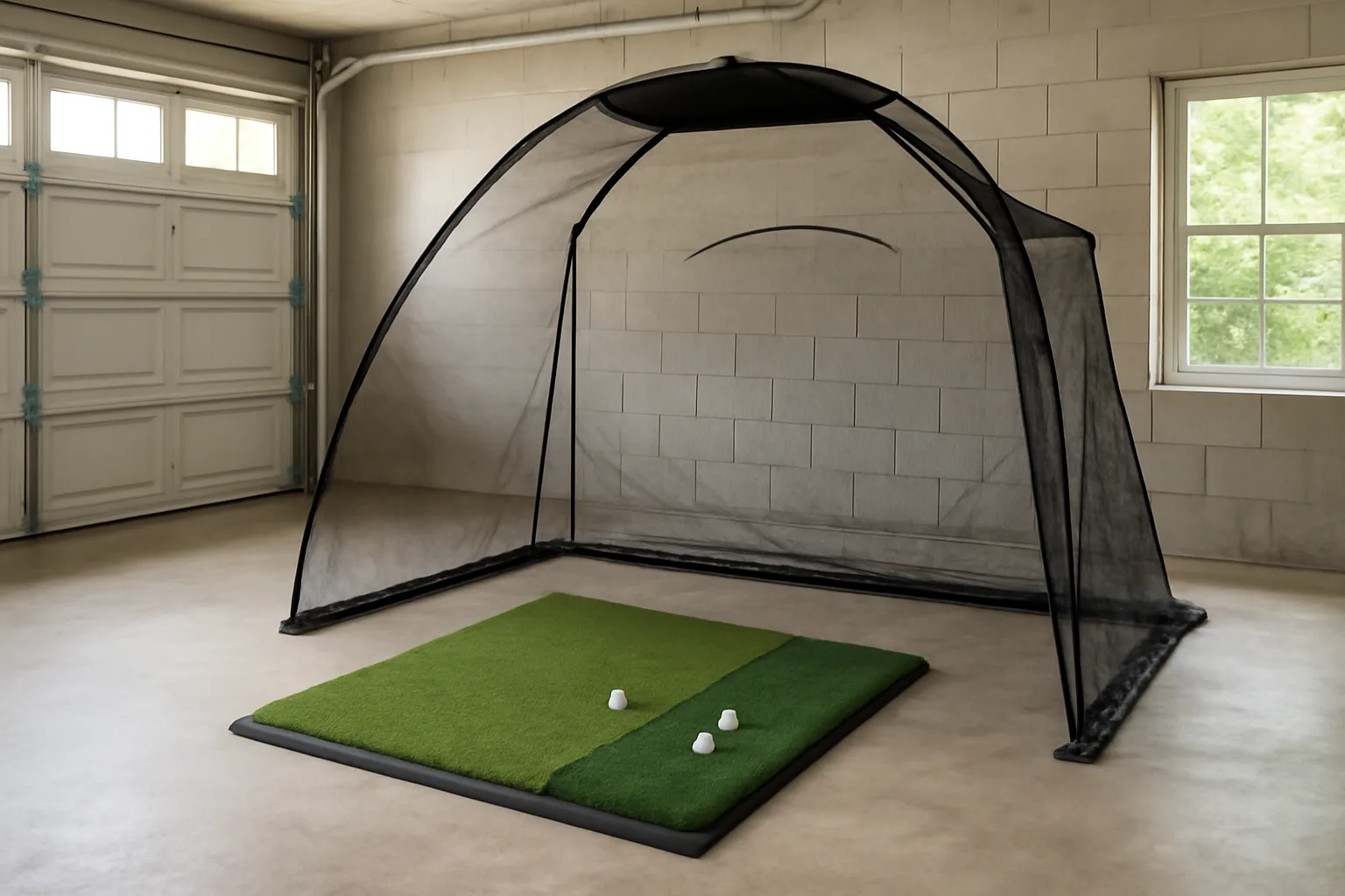 Golf practice net set up in a garage with side netting and mat