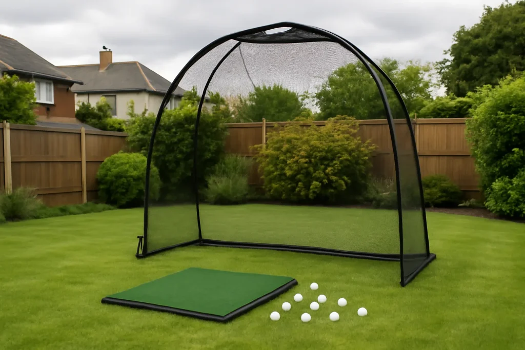 Golf practice net in a UK garden with mat and practice balls