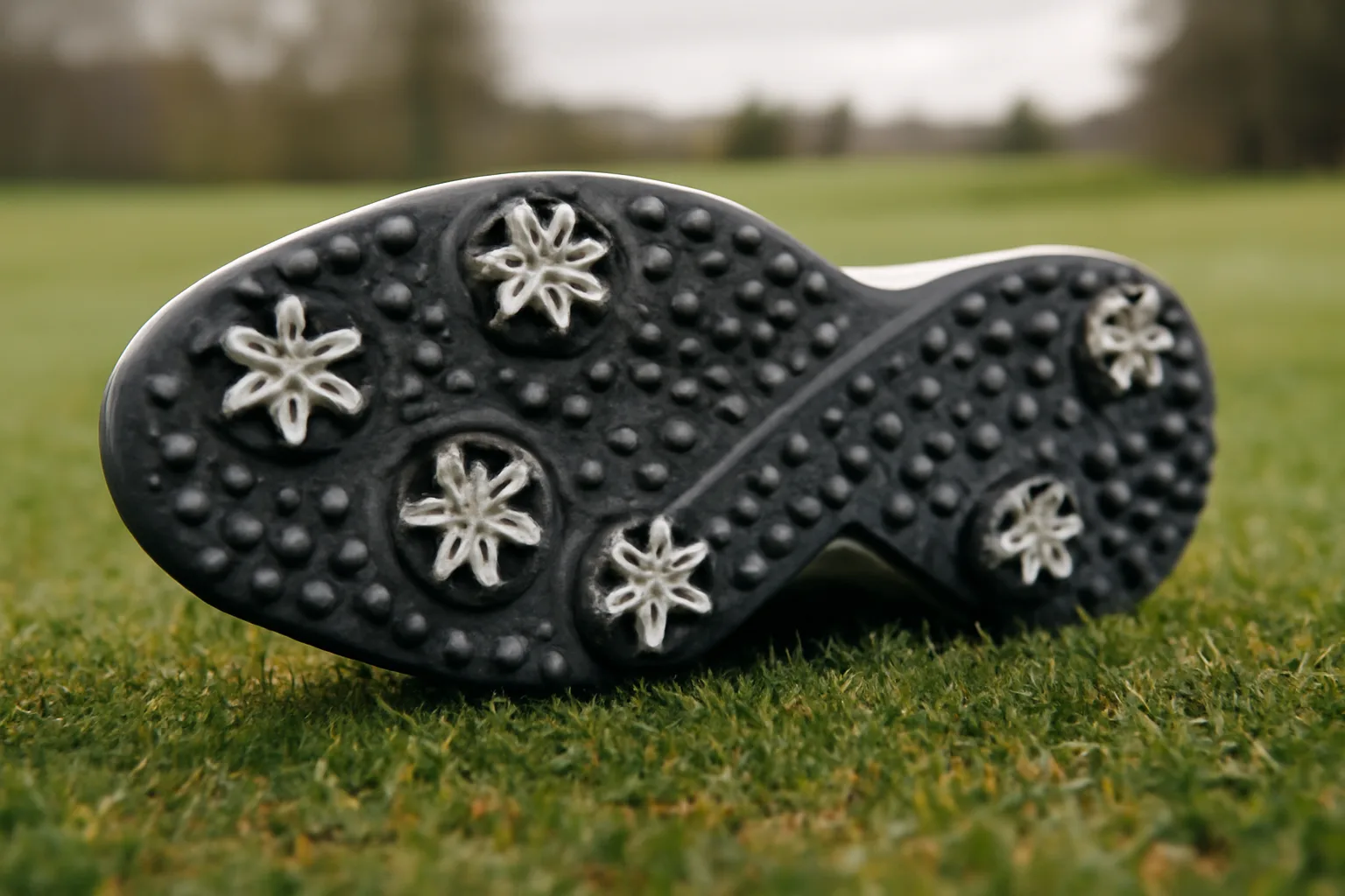 Golf shoe sole showing spikes and traction lugs for wet fairways
