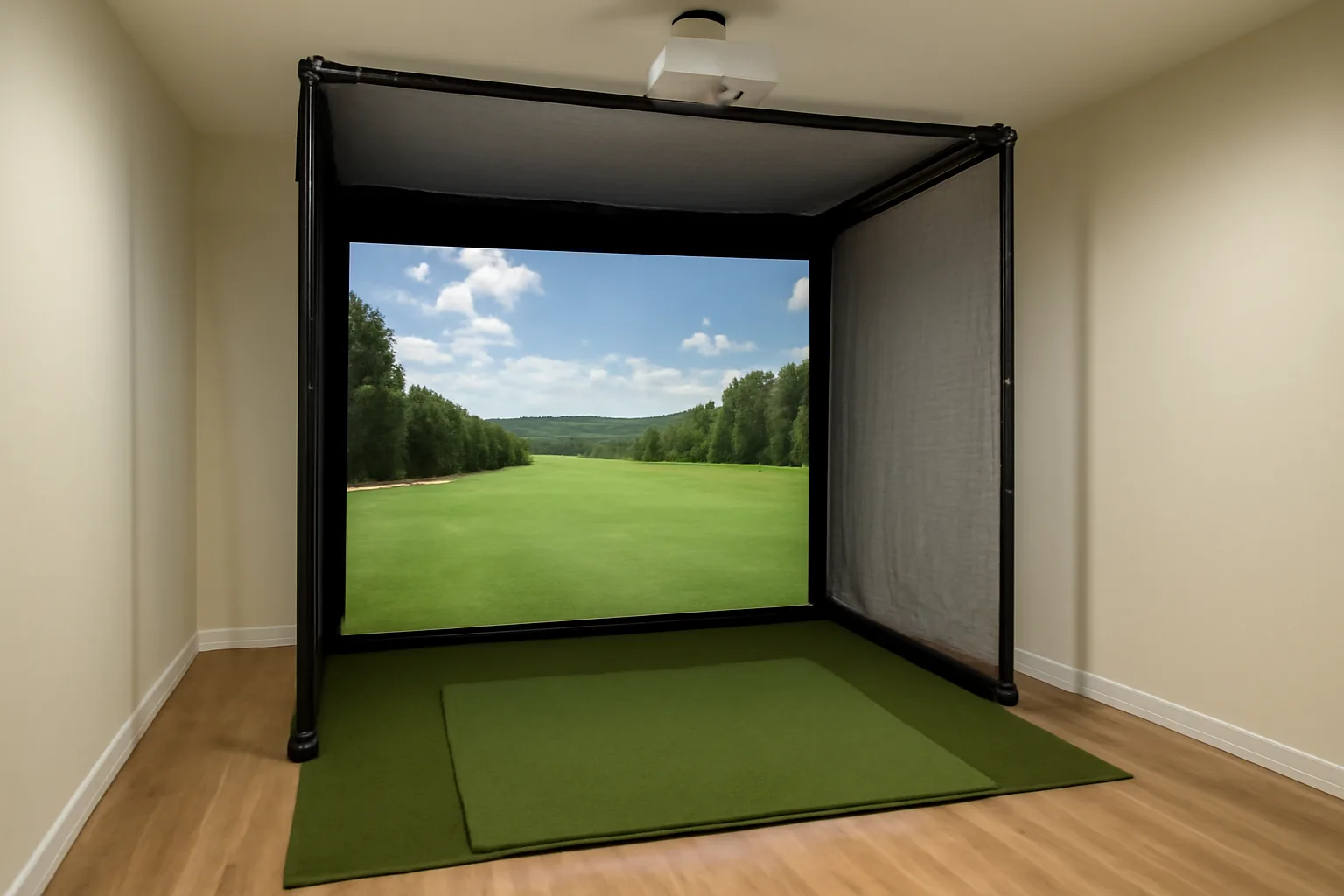 Golf simulator impact screen with projector and hitting mat