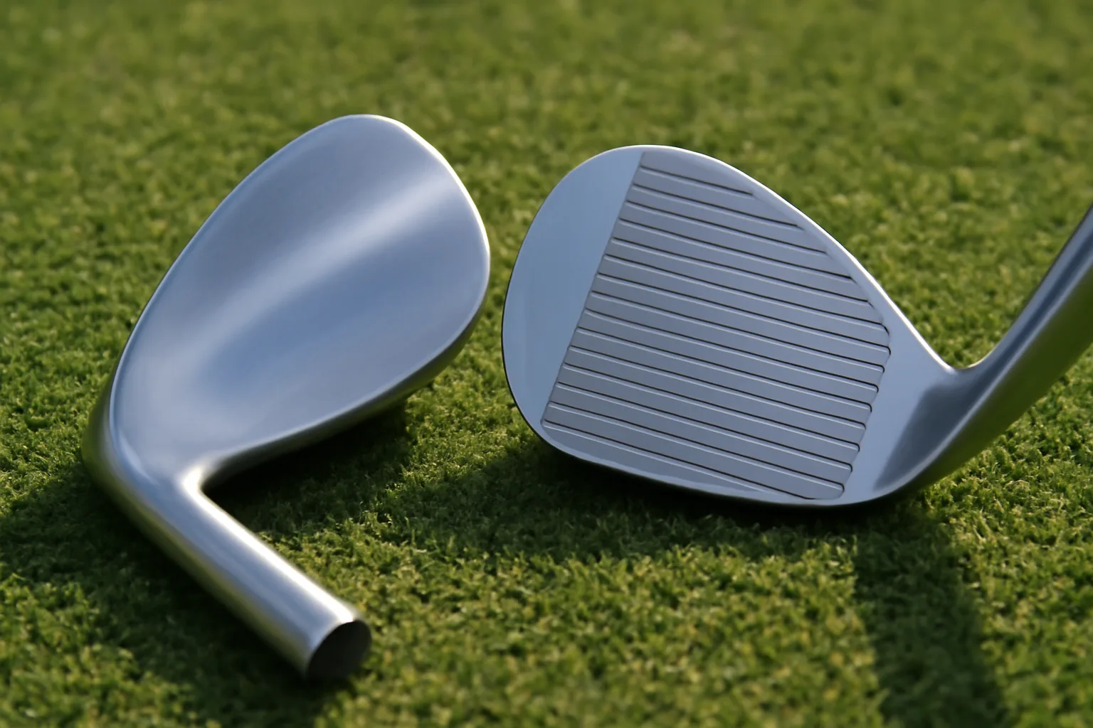 Close-up wedge faces and sole shapes for bounce and grind choice