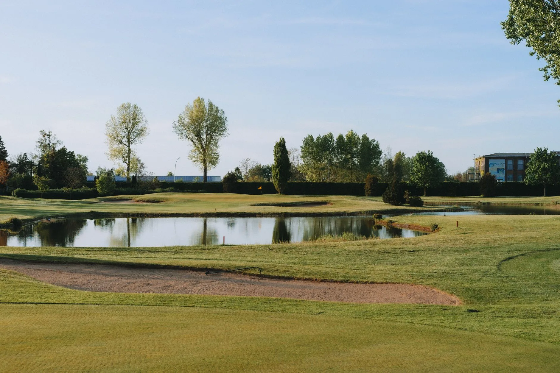UK golf course bunker and green showing sand wedge playing conditions