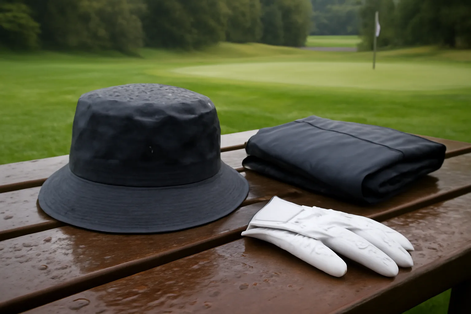 Waterproof golf bucket hat with rain gear on a wet bench