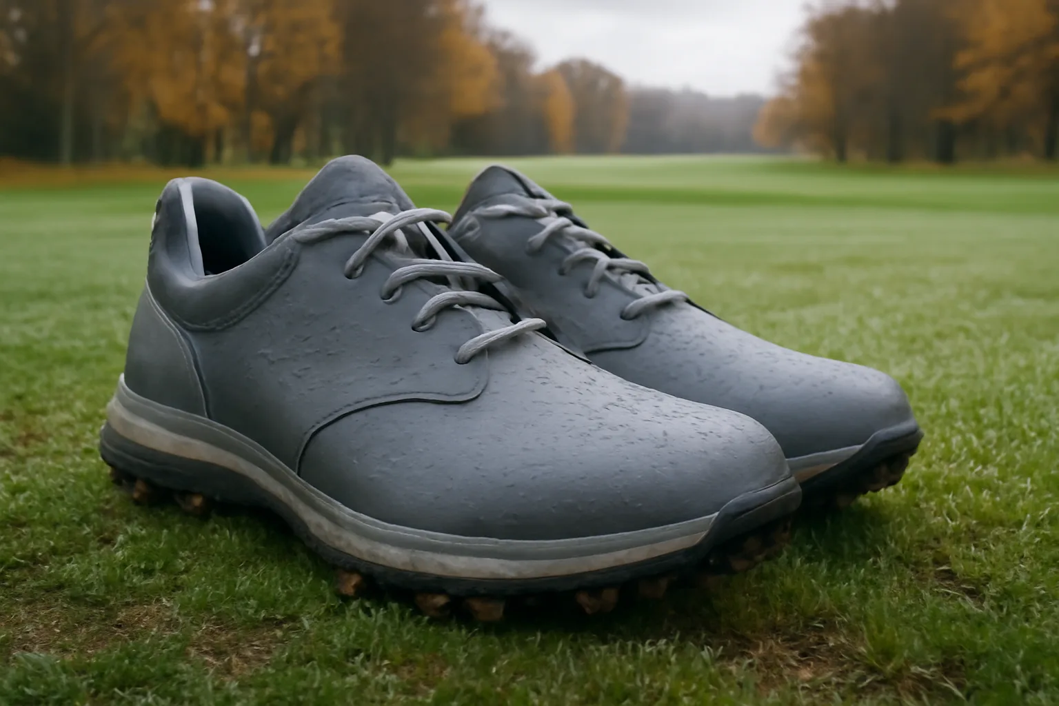 Waterproof golf shoes on damp grass for UK course conditions