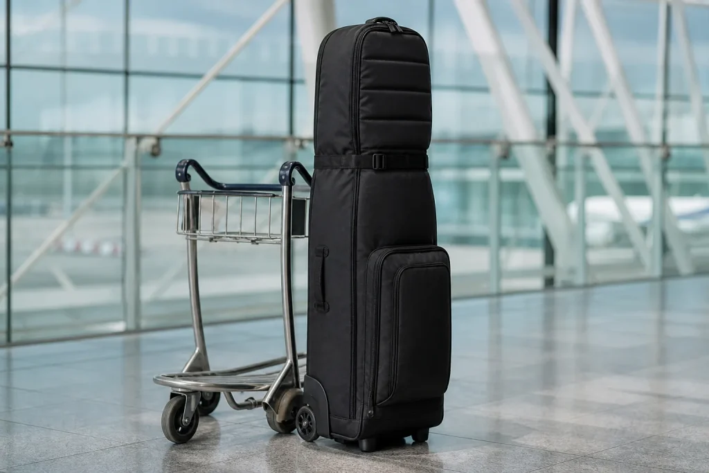 Padded golf travel bag beside an airport luggage trolley