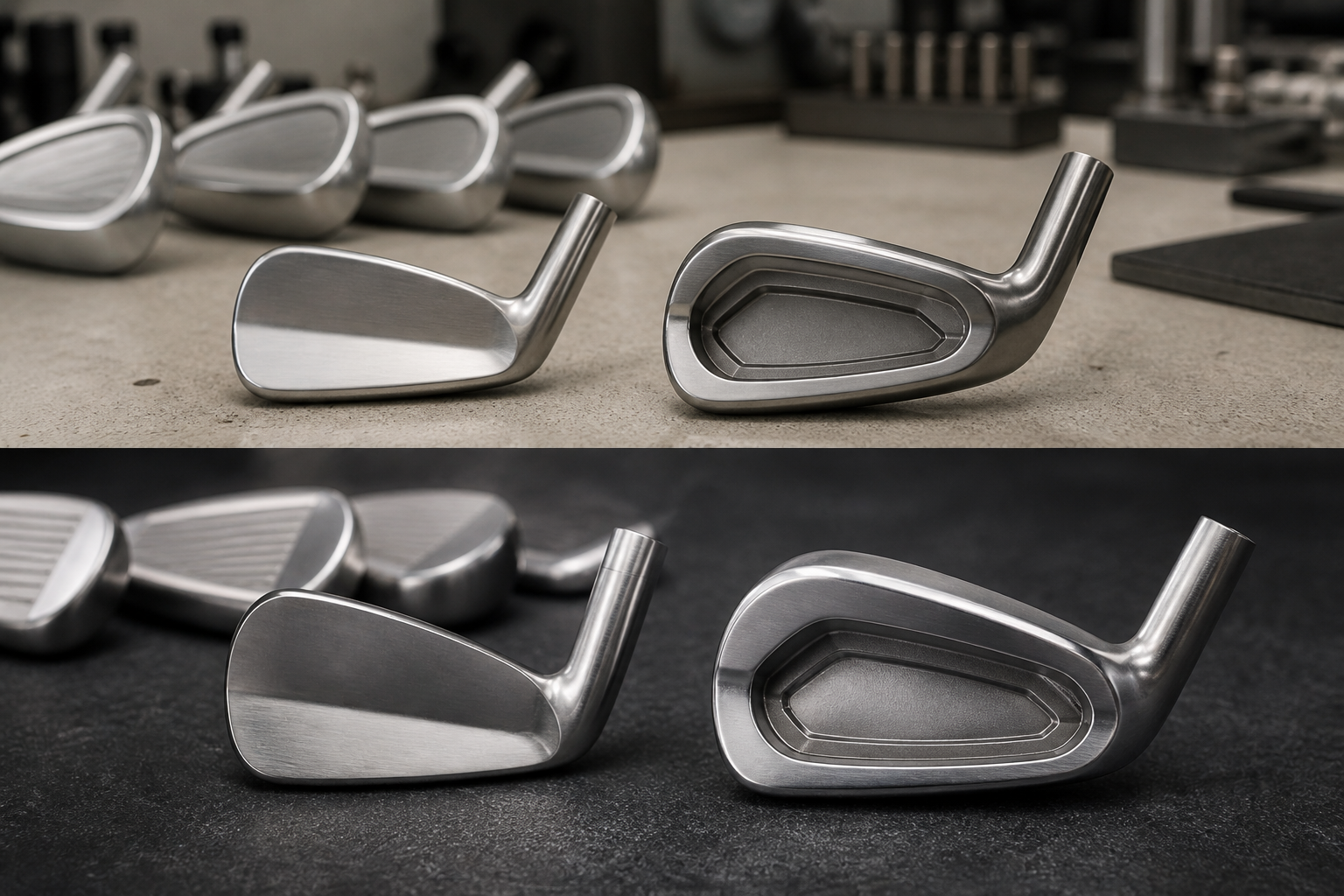 Compact and cavity-back golf iron heads showing different designs