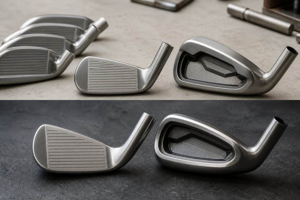 Forged and cast golf iron heads arranged for comparison
