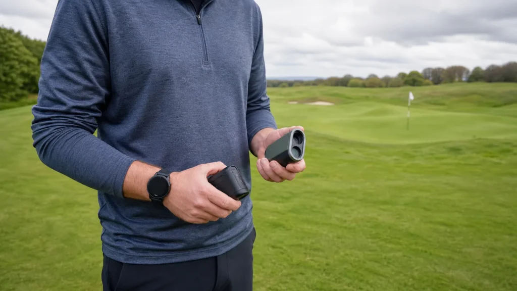 Golfer comparing a GPS watch with a laser rangefinder on a UK golf course