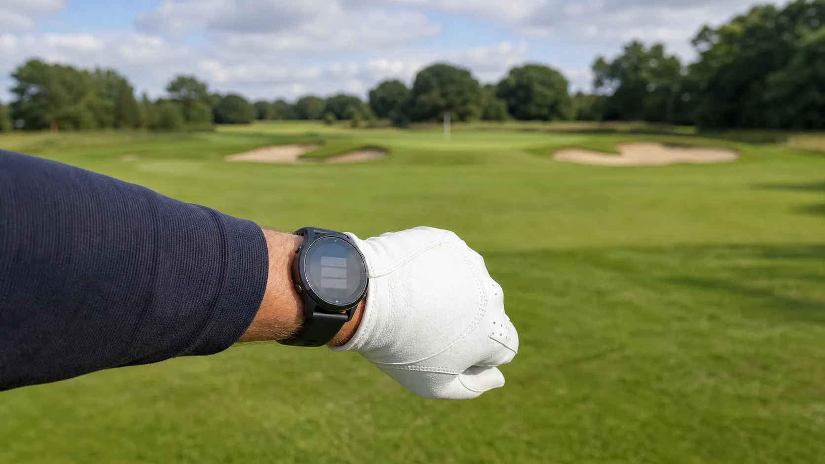 Golfer checking GPS watch distances to a green on a UK golf course