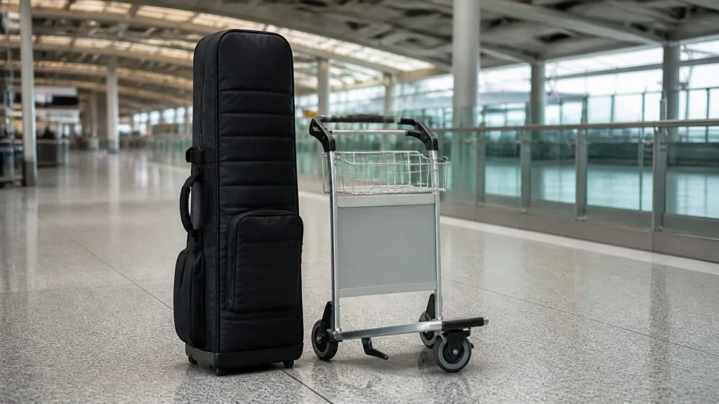 Golf travel cover beside an airport luggage trolley
