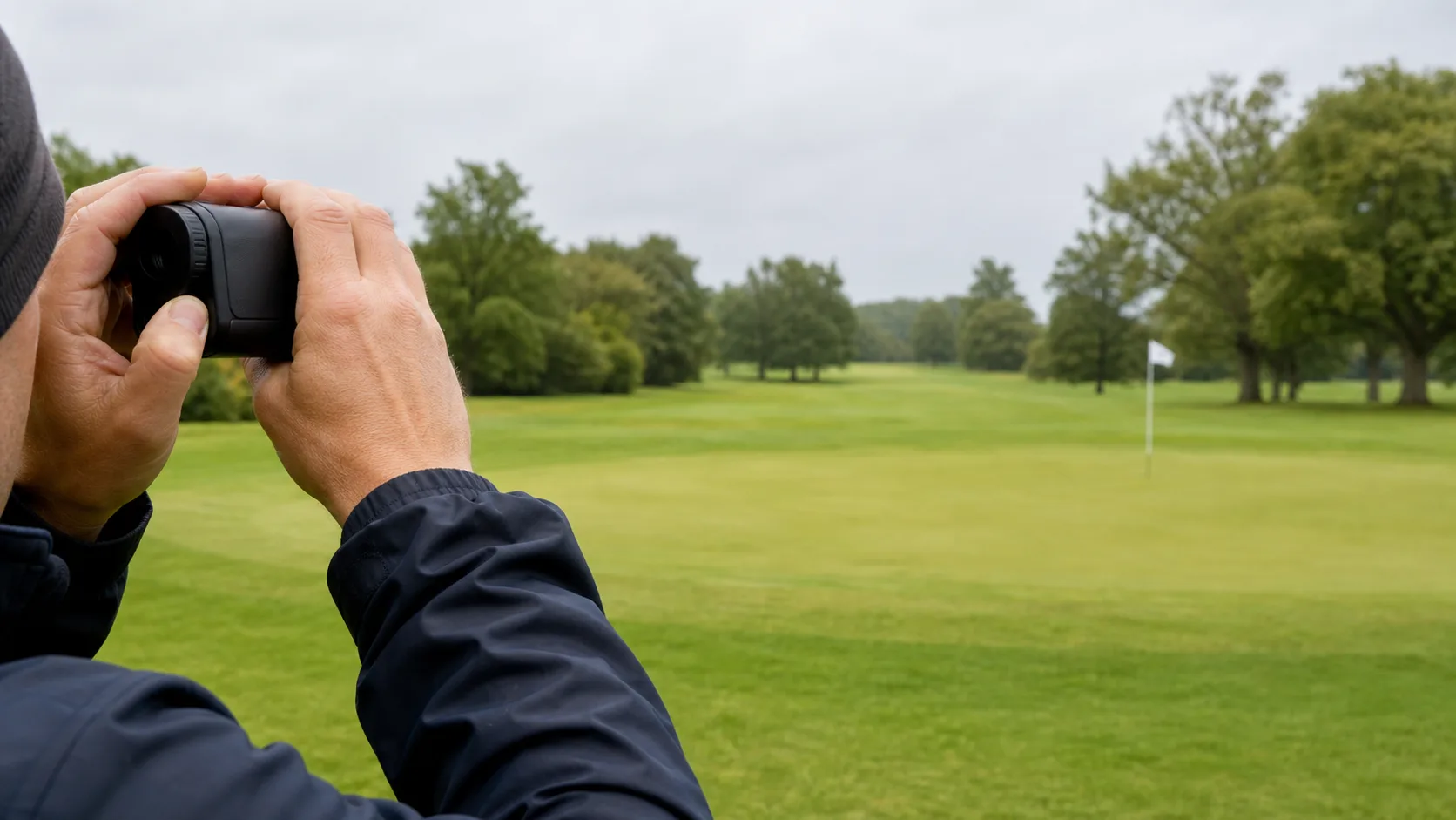 Golfer aiming a laser rangefinder at a flag on a UK golf course