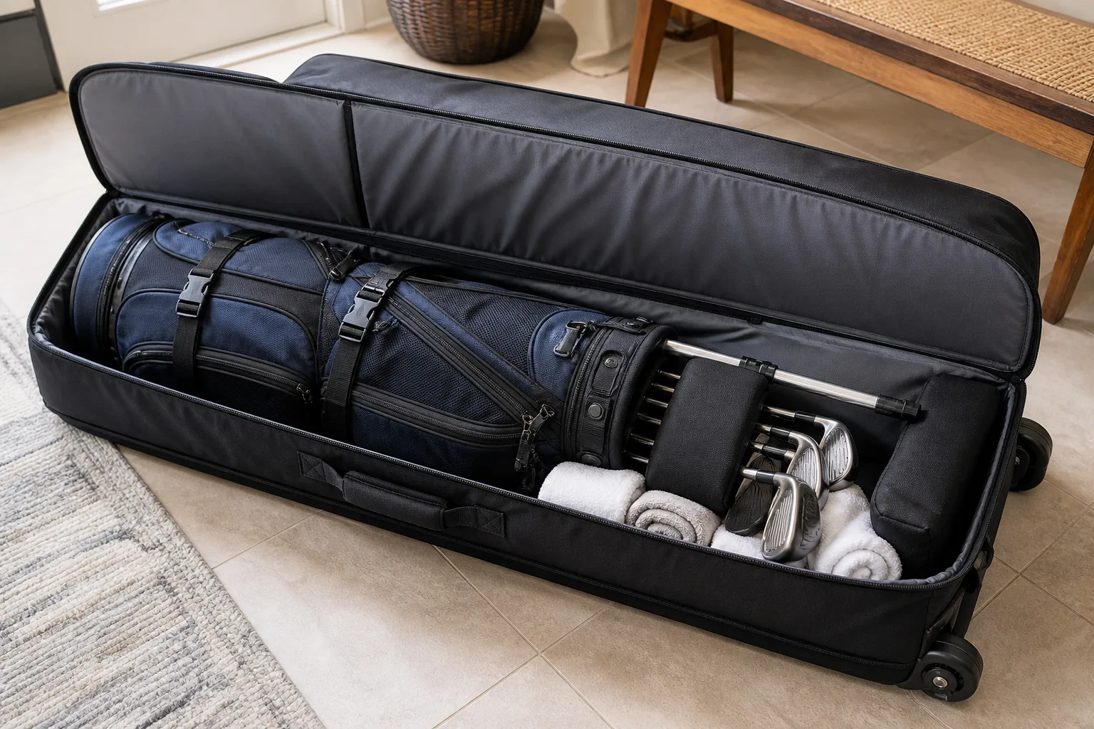 Golf bag secured inside a padded golf travel cover